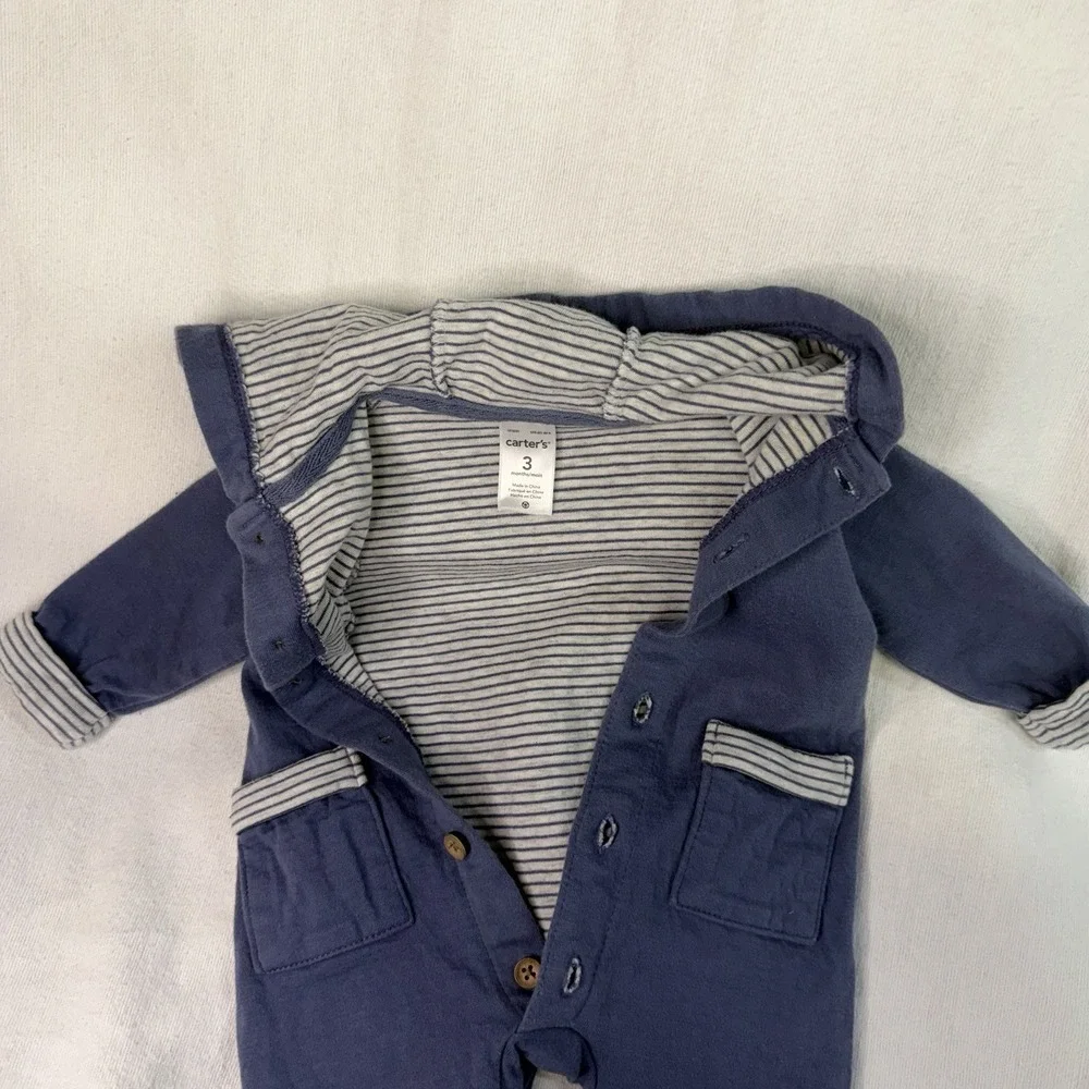Carter's 3M Blue With Striped Accents Hooded Zipper One-Piece Outfit Jumper